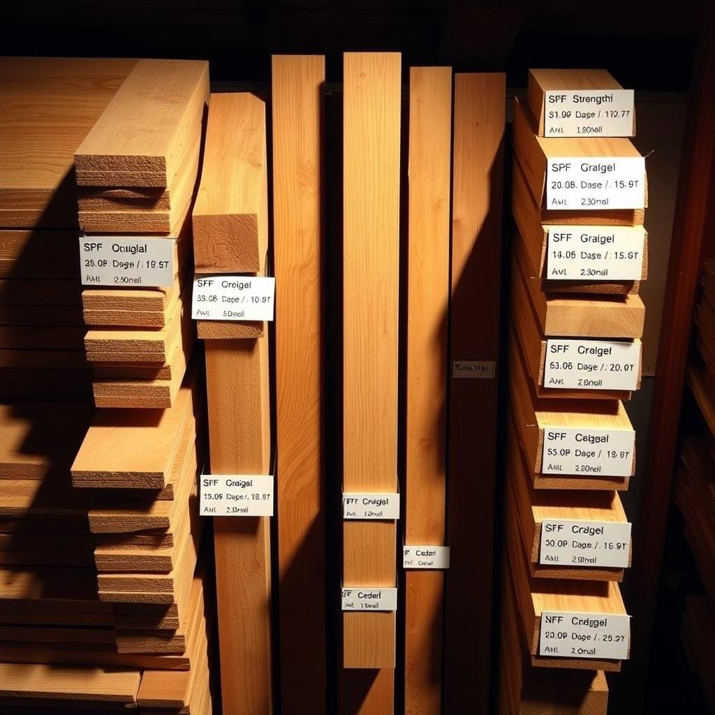 A well-lit, high-angle shot of a comprehensive lumber comparison display, showcasing various grades of wood commonly used in cabin framing. Planks of dimensional lumber are neatly arranged, with clear labels indicating their respective strength, quality, and cost characteristics. The scene has a warm, educational tone, inviting the viewer to closely examine the differences between grades like SPF, Douglas Fir, and Cedar. Soft shadows and a subtly textured background provide depth and visual interest, while the overall composition highlights the technical details relevant to a cost-effective cabin construction project. A well-lit, high-angle shot of a comprehensive lumber comparison display, showcasing various grades of wood commonly used in cabin framing. Planks of dimensional lumber are neatly arranged, with clear labels indicating their respective strength, quality, and cost characteristics. The scene has a warm, educational tone, inviting the viewer to closely examine the differences between grades like SPF, Douglas Fir, and Cedar. Soft shadows and a subtly textured background provide depth and visual interest, while the overall composition highlights the technical details relevant to a cost-effective cabin construction project.