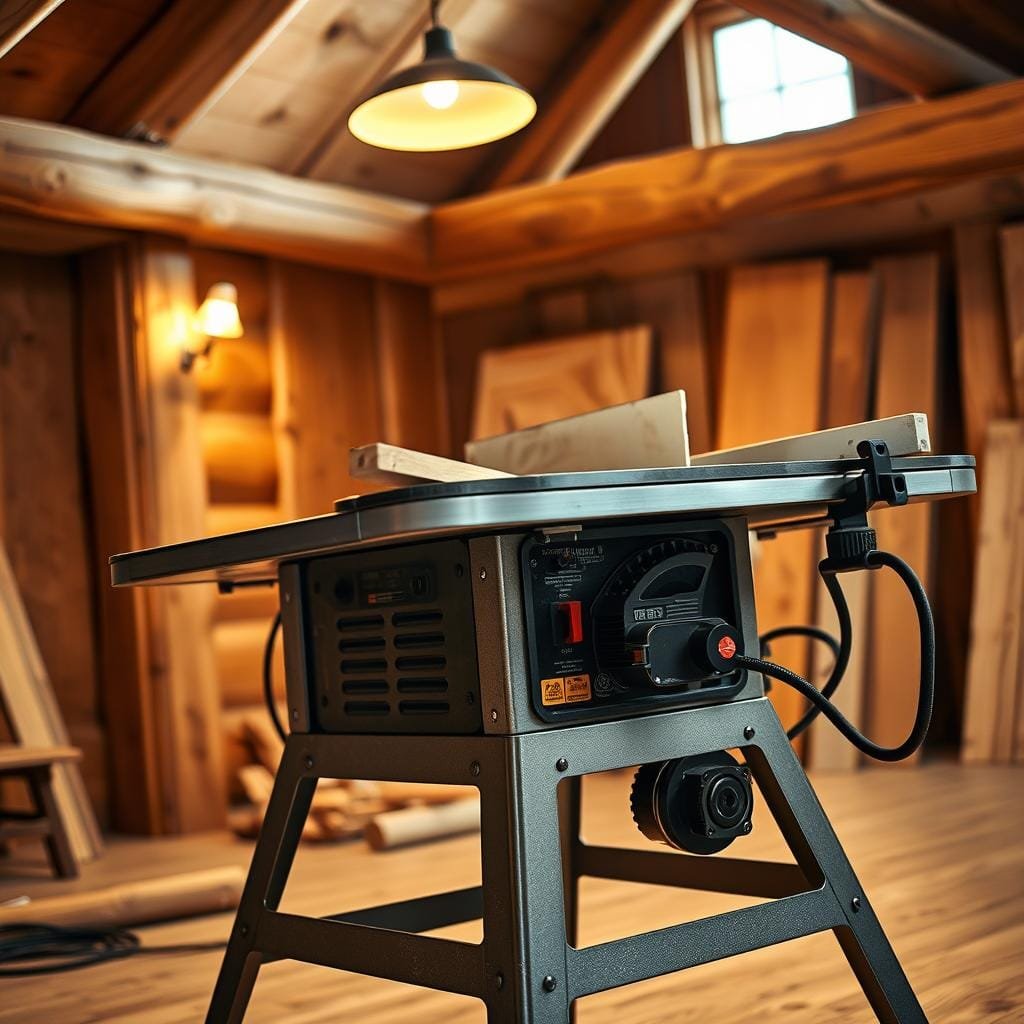 A well-lit, high-angle shot of a robust, industrial-grade table saw designed for cabin construction. The table saw is positioned in a cozy, rustic cabin interior, with wooden beams and warm lighting in the background. The saw features a sturdy metal frame, a large rip fence, and a powerful motor that can effortlessly slice through thick lumber and plywood sheets. The blade is partially obscured, creating an air of safety and precision. The overall scene conveys the idea of a capable, reliable tool that is essential for the intricate task of cutting materials for cabin construction.