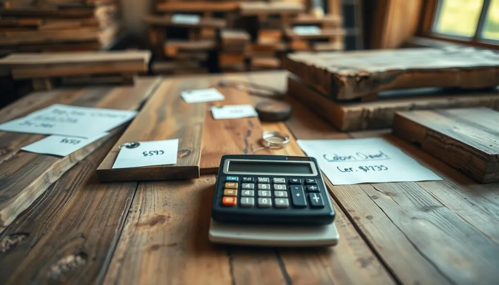 A well-lit, high-angle shot of a table displaying various reclaimed wood samples, price tags, and a calculator. The foreground showcases different types of reclaimed timber - weathered barnwood, smooth industrial planks, and rustic rough-sawn beams. In the middle ground, the price points for each material are clearly visible, highlighting the cost considerations. The background subtly blurs to emphasize the focal point - a calculator, symbolizing the careful budgeting required for a reclaimed timber project. The overall mood is one of thoughtful contemplation, guiding the viewer to weigh the value and expenses of using reclaimed wood for a cabin build.