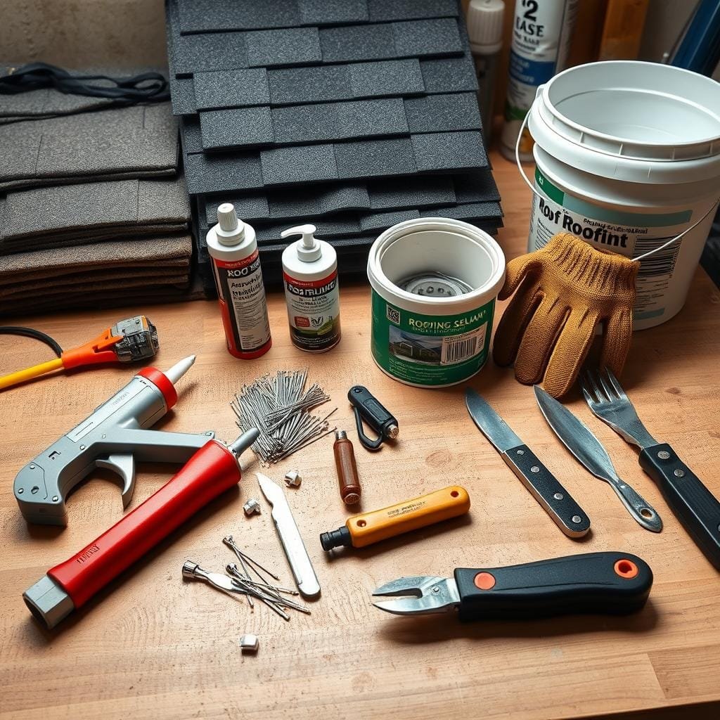 A well-lit, high-angle shot of a workbench displaying an assortment of essential roof repair tools and materials. In the foreground, a caulking gun, a pry bar, and a utility knife sit neatly arranged. In the middle ground, a roll of roofing sealant, a bundle of roofing nails, and a trowel are visible. The background features a stack of asphalt shingles, a bucket of roof cement, and a pair of sturdy work gloves. The scene conveys a sense of organized preparedness, with a clean, professional aesthetic suitable for an informative home repair article. A well-lit, high-angle shot of a workbench displaying an assortment of essential roof repair tools and materials. In the foreground, a caulking gun, a pry bar, and a utility knife sit neatly arranged. In the middle ground, a roll of roofing sealant, a bundle of roofing nails, and a trowel are visible. The background features a stack of asphalt shingles, a bucket of roof cement, and a pair of sturdy work gloves. The scene conveys a sense of organized preparedness, with a clean, professional aesthetic suitable for an informative home repair article.