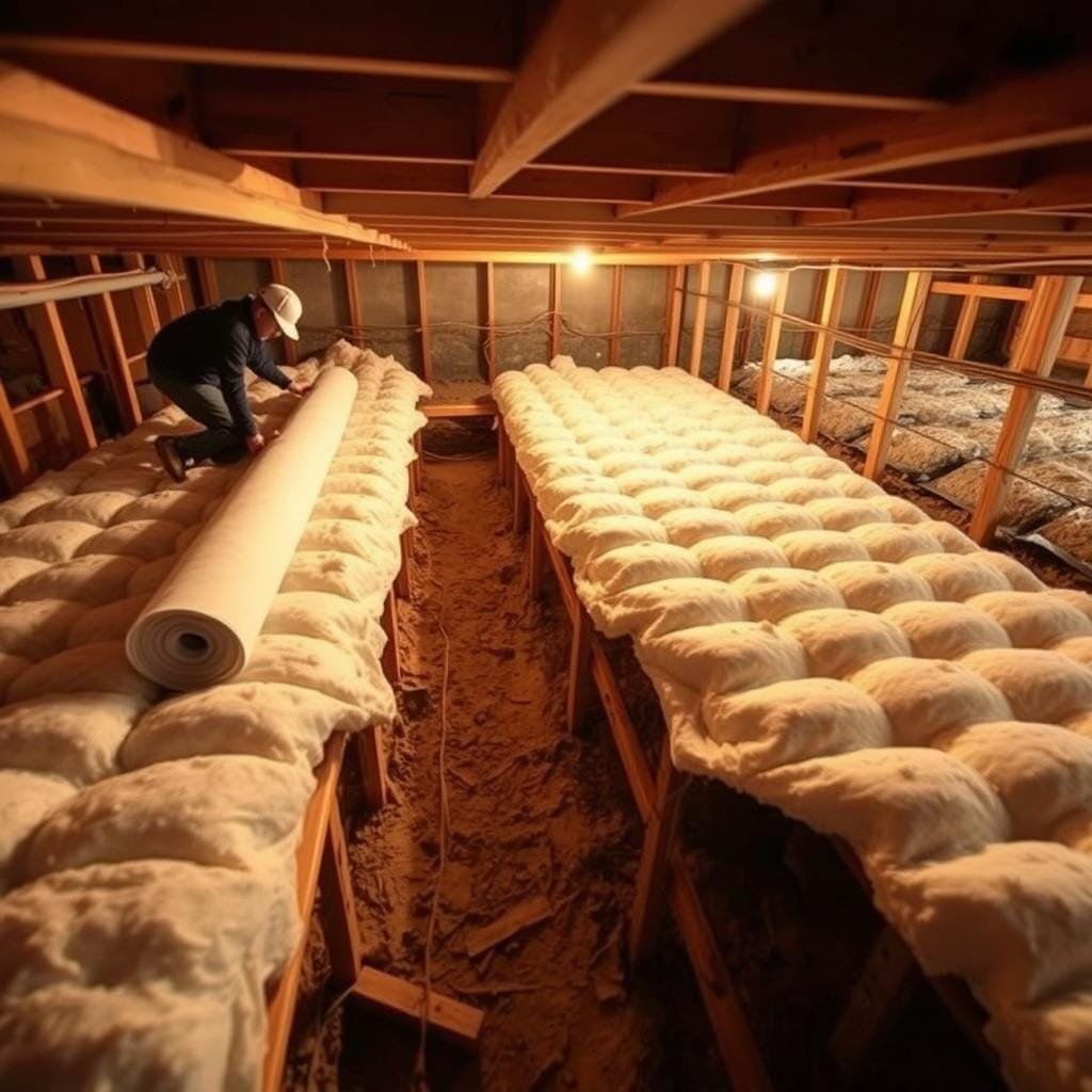 A well-lit, high-angle view of a crawl space, showcasing the process of installing insulation. In the foreground, workers carefully unrolling and cutting sheets of fiberglass insulation, their hands deftly maneuvering the material. In the middle ground, the insulation is being carefully fitted between the wooden joists, forming a seamless barrier. The background reveals the exposed foundation and ground, creating a sense of depth and context. The lighting is warm and diffused, casting a soft, natural glow over the scene, emphasizing the intricate details of the installation process. The overall atmosphere conveys a sense of skilled craftsmanship and attention to detail in properly insulating a crawl space foundation.