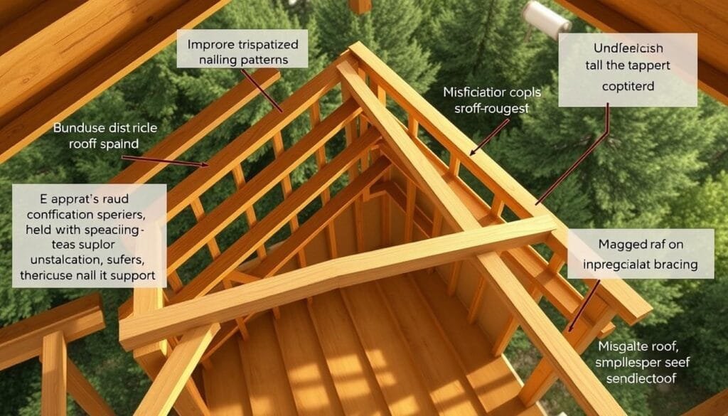 A well-lit, high-angle view of a detailed 3D scene depicting common roof framing mistakes to avoid during cabin construction. In the foreground, improper truss spacing, undersized rafters, and incorrect nailing patterns are clearly visible. The middle ground shows a sagging roof due to insufficient support, while the background highlights issues like misaligned beams and inadequate bracing. The scene conveys a sense of structural instability and the need for meticulous planning and execution in roof framing to ensure a strong, long-lasting cabin build.