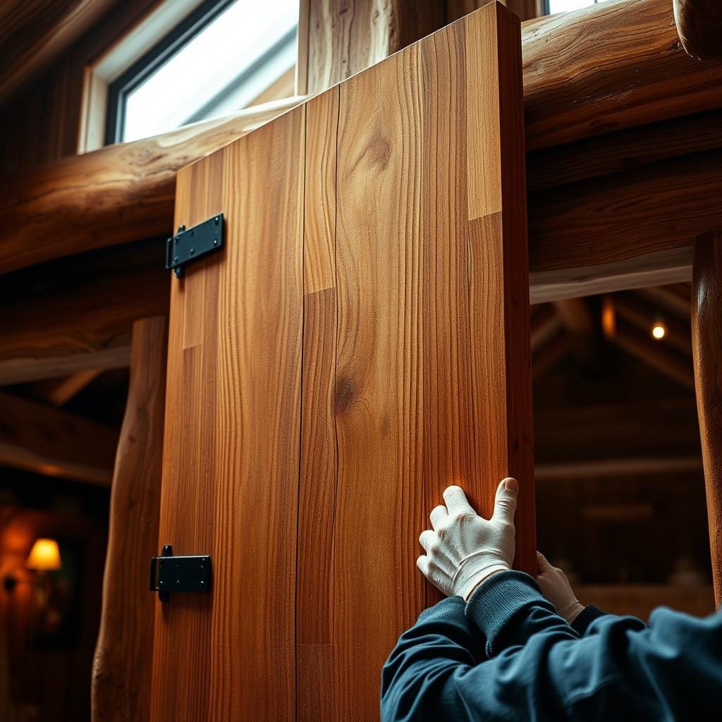 A well-lit, high-angle view of a wooden slab door being installed into a cabin-style doorframe. The door is made of rich, textured wood with a natural grain pattern. The installer's hands are visible, carefully aligning the door and securing it with hinges and locking mechanisms. The background features a rustic, cozy interior with exposed beams and warm lighting, creating a sense of craftsmanship and attention to detail. The scene conveys the process of slab door installation, highlighting the precision and care required to properly fit and secure the door within the cabin-style entryway.