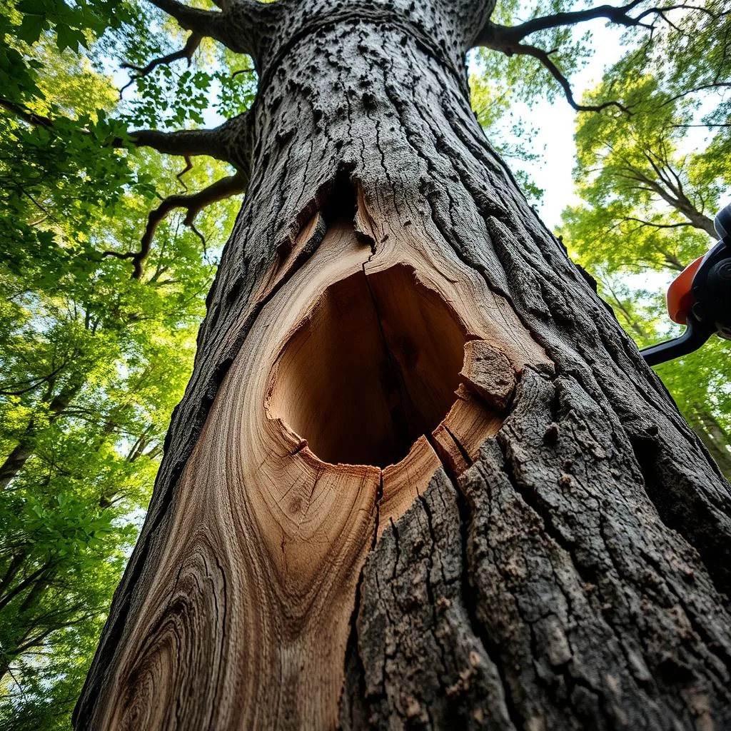 A well-lit, high-angle view of an open face notch being cut into the exposed trunk of a large, weathered oak tree. The chainsaw blade bites into the wood, creating clean, angled cuts that form a controlled drop notch. The surrounding scene is a lush forest, with dappled sunlight filtering through the dense canopy above. The notch-cutting process is highlighted, showcasing the technique's precision and purpose for safe and controlled timber felling. The overall mood is one of skilled craftsmanship within a natural setting.