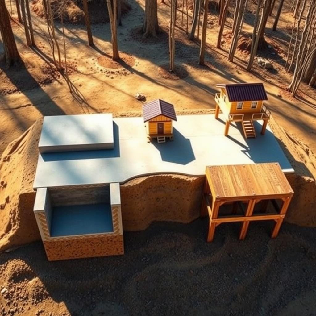 A well-lit, high-angle view showcasing a comparison of three common foundation types for a durable cabin - concrete slab, pier and beam, and raised foundation. The foreground displays detailed cross-sections of each foundation, highlighting their unique construction and cost-effectiveness. The middle ground features small cabin models atop the various foundations, demonstrating their stability and durability. The background depicts a scenic, woodsy environment, suggesting the cabin's rustic, outdoor setting. Warm lighting casts subtle shadows, creating depth and accentuating the textural qualities of the materials. An overall informative, technical, and visually engaging scene to illustrate the cheapest foundation options for a durable cabin project. A well-lit, high-angle view showcasing a comparison of three common foundation types for a durable cabin - concrete slab, pier and beam, and raised foundation. The foreground displays detailed cross-sections of each foundation, highlighting their unique construction and cost-effectiveness. The middle ground features small cabin models atop the various foundations, demonstrating their stability and durability. The background depicts a scenic, woodsy environment, suggesting the cabin's rustic, outdoor setting. Warm lighting casts subtle shadows, creating depth and accentuating the textural qualities of the materials. An overall informative, technical, and visually engaging scene to illustrate the cheapest foundation options for a durable cabin project.