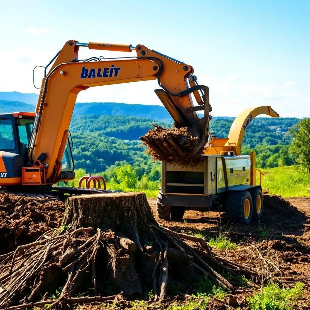 A well-lit, high-definition image showcasing the benefits of renting land clearing equipment. In the foreground, a large excavator efficiently removes tree stumps and debris, while in the middle ground, a powerful chipper shreds the cleared vegetation. The background features a scenic landscape with lush greenery and a clear blue sky, conveying the rejuvenating effect of the land clearing process. The image captures the ease, efficiency, and cost-effectiveness of renting specialized equipment for preparing a site for a cabin, rather than relying on manual labor alone.