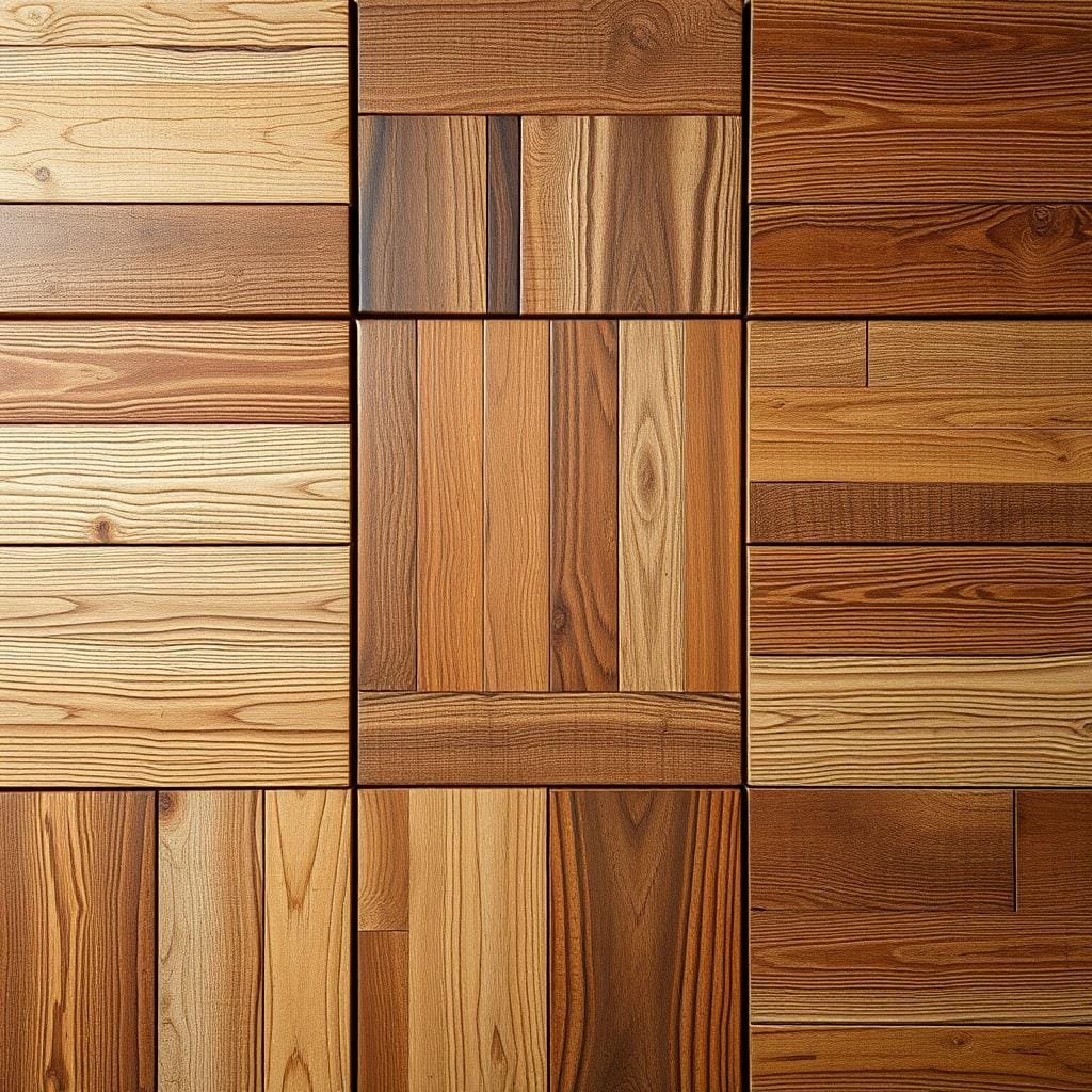 A well-lit, high-quality close-up photograph of various wood paneling design options, showcasing a range of different textures, grain patterns, and tones of reclaimed wood. The paneling designs should be arranged in a visually appealing grid layout, allowing the viewer to clearly see the unique characteristics of each option. The image should have a warm, rustic atmosphere that evokes the feeling of a cozy, cabin-like setting. Soft, directional lighting should accentuate the natural beauty and tactile qualities of the wood. The overall composition should be balanced and visually striking, helping the viewer easily imagine how these design choices could complement the walls of a cabin or similar space.