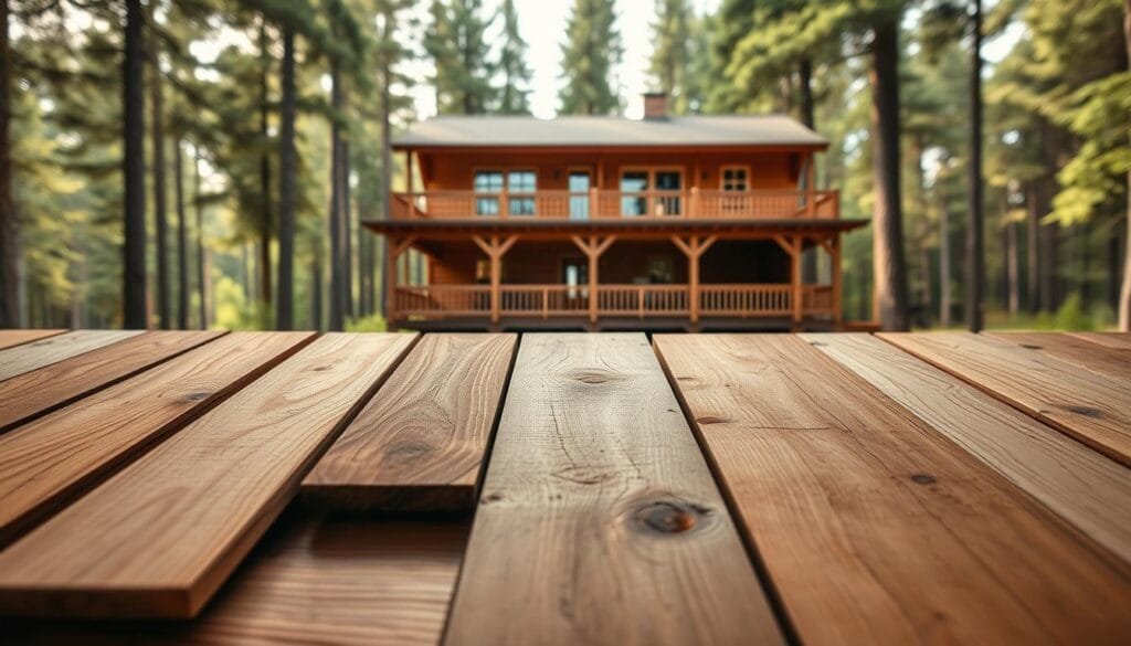 A well-lit, high-quality image showcasing an assortment of specialty wood options suitable for cabin construction. In the foreground, a selection of wood planks in various grains, textures, and tones, such as cedar, redwood, and oak, neatly arranged on a wooden surface. In the middle ground, a cabin-style structure with a wraparound porch, partially visible, providing context for the wood applications. The background features a serene, forested landscape with soft, diffused lighting, creating a warm and inviting atmosphere. The image emphasizes the natural beauty and durability of the wood, highlighting its suitability for flooring, decking, and exterior use in cabin design.