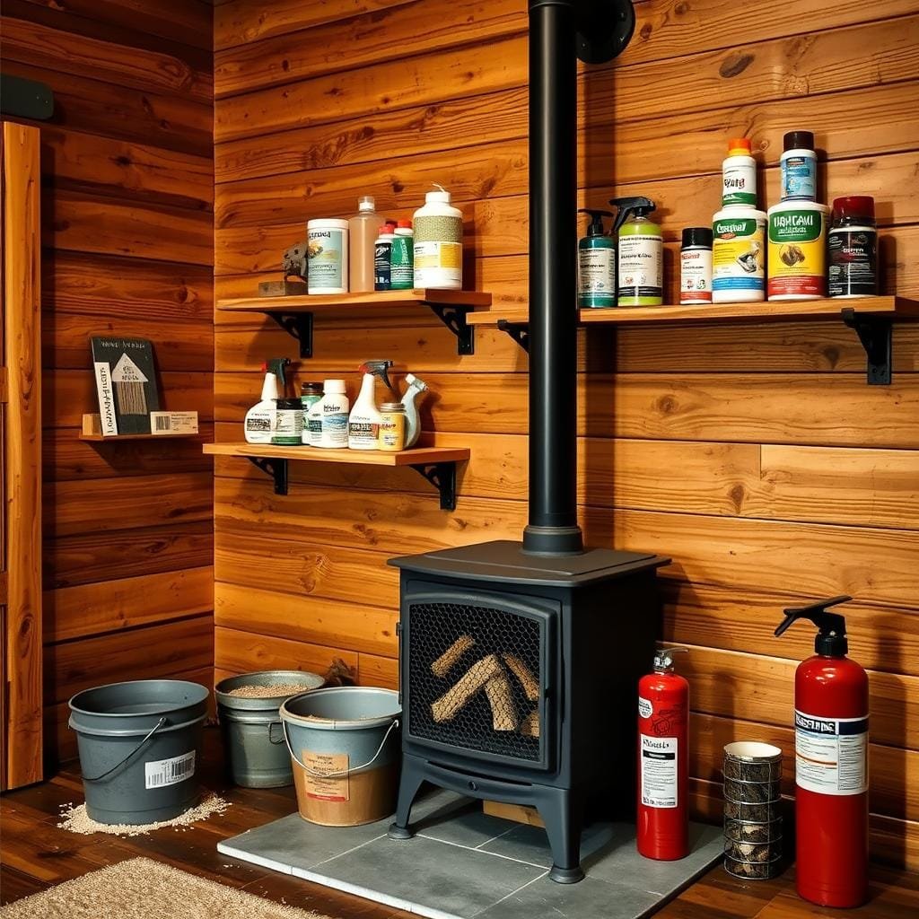 A well-lit, high-quality photograph of a cozy cabin interior with reclaimed wood walls. In the foreground, a wood-burning stove is safely installed, its protective screen and sturdy metal casing visible. Nearby, a bucket of sand and a fire extinguisher suggest proper maintenance and safety precautions. In the middle ground, shelves display various tools and cleaning supplies for wood care, such as wood conditioners and sealants. The background showcases the warm, natural texture of the reclaimed wood panels, illuminated by soft, indirect lighting. An atmosphere of rustic charm and responsible homeownership pervades the scene.
