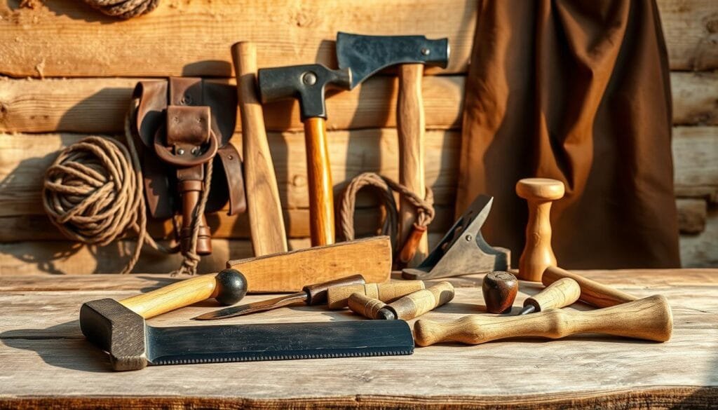 A well-lit, high-quality still life of an assortment of traditional hand tools for log cabin construction, arranged on a rustic wooden workbench. In the foreground, a sturdy carpenter's hammer, a sharp hand saw, and a sturdy chisel sit neatly. In the middle ground, a heavy-duty axe, a reliable wood plane, and a sturdy mallet stand upright. In the background, a weathered leather tool belt, a coil of sturdy rope, and a worn leather apron hang on the wall, casting warm, softly-lit shadows. The overall scene conveys a sense of rugged craftsmanship, attention to detail, and the enduring appeal of time-honored techniques for working with natural materials.