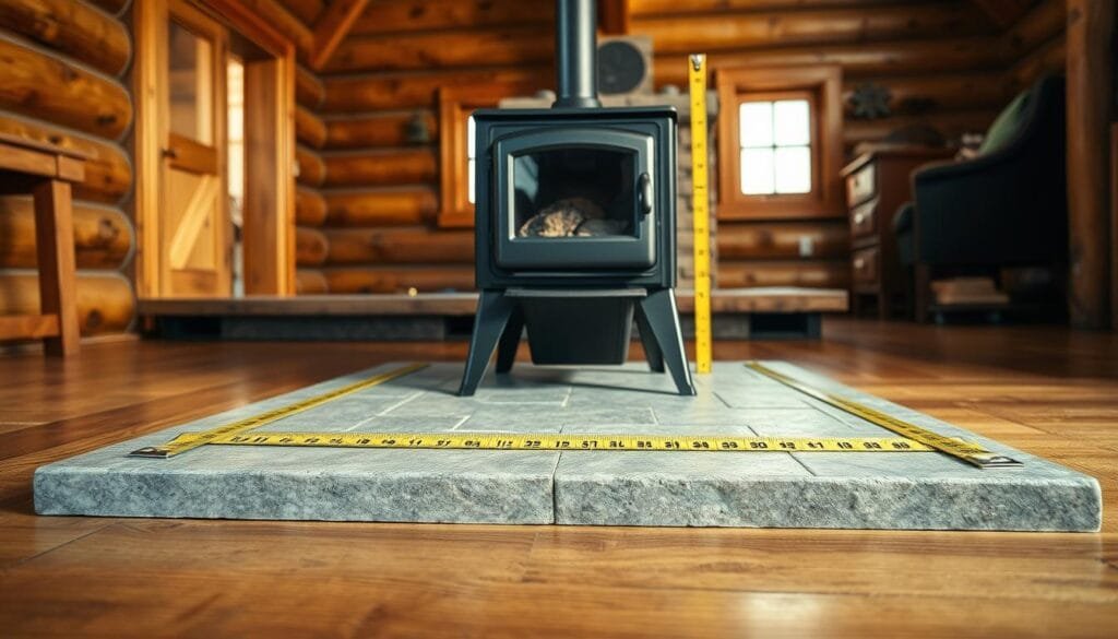 A well-lit, high-resolution image of a wood stove installation in preparation, showcasing a hearth pad and clearance measurements. The foreground depicts a sturdy, rectangular hearth pad made of stone or tile, placed on a wooden floor. In the middle ground, a wood stove stands atop the hearth, its sleek metal body gleaming. Surrounding the stove, tape measures and rulers provide clear visual cues for the required clearance distances, ensuring a safe and compliant installation. The background features a cozy, rustic cabin interior, with wooden walls and exposed beams, creating a warm, inviting atmosphere. The lighting is soft and natural, casting gentle shadows and highlights that accentuate the textures and details of the scene.