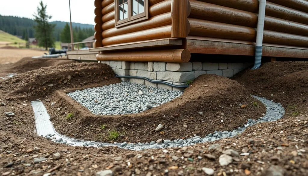 A well-lit, high-resolution image showcasing effective cabin drainage solutions around the foundation. The foreground features a close-up view of the ground surrounding the cabin, with a clear drainage system in place, including strategically placed gravel beds, sloped terrain, and carefully positioned downspouts diverting water away from the structure. The middle ground showcases the cabin's foundation, with visible attention to waterproofing and proper elevation to prevent water intrusion. The background offers a scenic view of the cabin's natural surroundings, such as lush vegetation or a picturesque landscape, creating a harmonious and practical composition. The overall mood is one of thoughtful, well-executed design that effectively protects the cabin from heavy rain and snow.