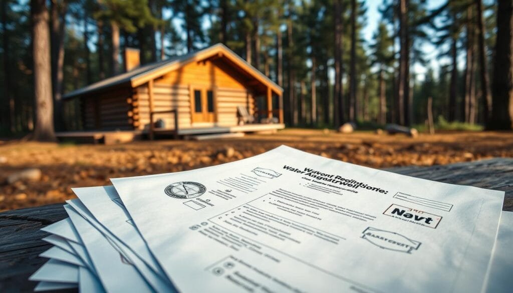 A well-lit, high-resolution image showcasing water permits and well drilling regulations for cabin owners. In the foreground, a stack of official documents with seals and stamps, representing the required permits and legal paperwork. In the middle ground, a blueprint-style diagram depicting the technical specifications and guidelines for a private well installation. In the background, a rustic cabin nestled in a forested setting, highlighting the off-grid context. The overall scene conveys a sense of attention to detail, administrative compliance, and the interplay between homesteading and local water regulations.