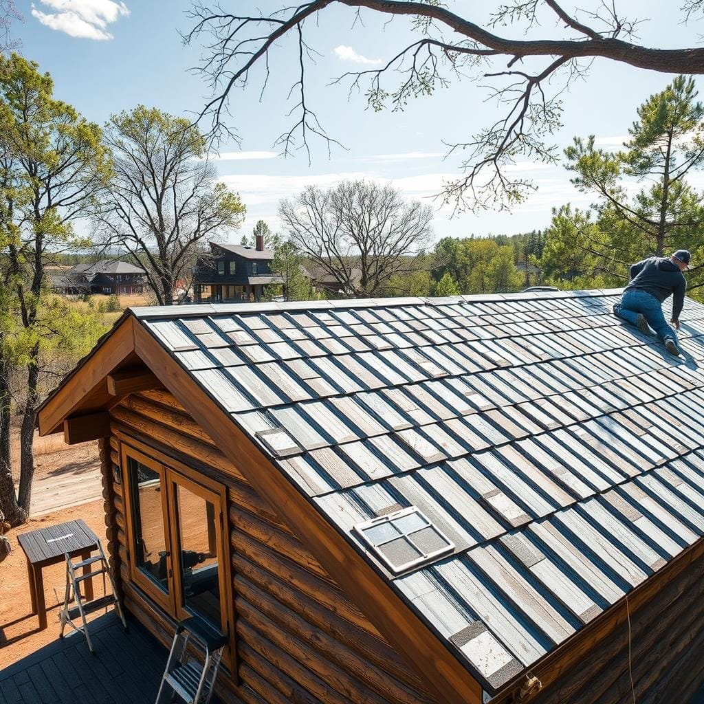 A well-lit, high-resolution photograph of a cabin's rooftop during a roof inspection and preparation process. The foreground features a worker inspecting the roofing materials, examining the condition of the shingles or metal panels, and identifying areas that require repair or replacement. The middle ground showcases the cabin's exterior, with the worker using a ladder to access the roof. The background depicts a serene, natural setting with trees and a clear sky, conveying a peaceful, rural atmosphere. The lighting is bright and natural, with soft shadows highlighting the textures and details of the roof and the worker's movements. The camera angle is slightly elevated, providing a comprehensive view of the entire roof and the worker's actions.