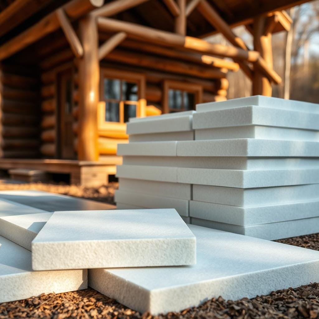 A well-lit, high-resolution photograph of rigid foam insulation materials in a warm, natural setting. In the foreground, several thick, rectangular sheets of rigid foam insulation in a pale blue-gray color, their smooth surfaces reflecting the surrounding environment. In the middle ground, additional sheets of the same insulation material stacked neatly, showcasing their uniform size and shape. The background features a cozy, wooden cabin with a rustic foundation, the rigid foam providing a clear contrast to the natural timber. Warm, directional lighting casts subtle shadows, highlighting the textural details of the insulation. The overall scene conveys the practical yet essential role of rigid foam in protecting cabin foundations from the elements.