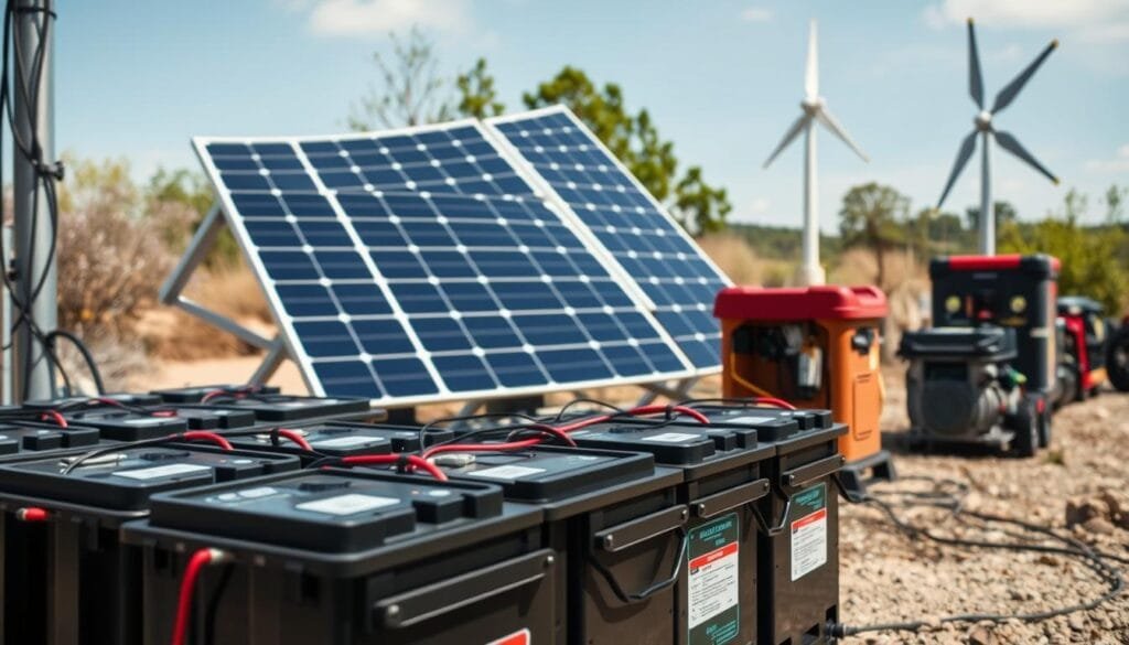 A well-lit, high-resolution photograph of the key components in an off-grid power system, shot from a slightly elevated angle with a wide-angle lens to showcase the scale and interconnectedness of the system. In the foreground, a bank of deep-cycle solar batteries with their connected charge controllers. In the middle ground, a large solar array mounted on sturdy aluminum frames, tilted at an optimal angle to capture sunlight. In the background, a compact wind turbine and a backup generator, all integrated seamlessly into the overall system. The scene conveys a sense of self-sufficiency, technical sophistication, and a harmonious integration of renewable energy technologies.