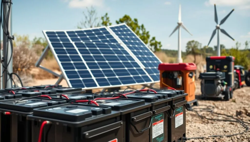 A well-lit, high-resolution photograph of the key components in an off-grid power system, shot from a slightly elevated angle with a wide-angle lens to showcase the scale and interconnectedness of the system. In the foreground, a bank of deep-cycle solar batteries with their connected charge controllers. In the middle ground, a large solar array mounted on sturdy aluminum frames, tilted at an optimal angle to capture sunlight. In the background, a compact wind turbine and a backup generator, all integrated seamlessly into the overall system. The scene conveys a sense of self-sufficiency, technical sophistication, and a harmonious integration of renewable energy technologies. A well-lit, high-resolution photograph of the key components in an off-grid power system, shot from a slightly elevated angle with a wide-angle lens to showcase the scale and interconnectedness of the system. In the foreground, a bank of deep-cycle solar batteries with their connected charge controllers. In the middle ground, a large solar array mounted on sturdy aluminum frames, tilted at an optimal angle to capture sunlight. In the background, a compact wind turbine and a backup generator, all integrated seamlessly into the overall system. The scene conveys a sense of self-sufficiency, technical sophistication, and a harmonious integration of renewable energy technologies.