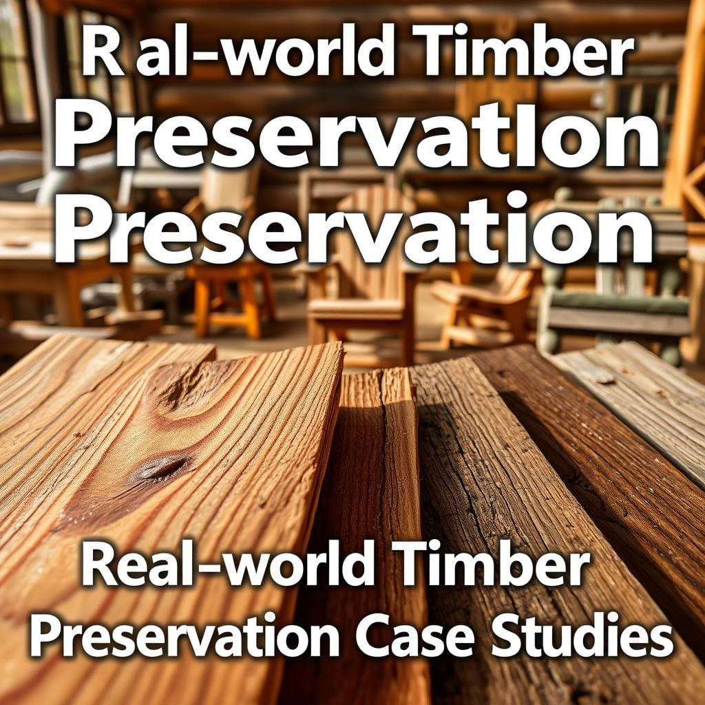 A well-lit, high-resolution photograph showcasing real-world timber preservation case studies. In the foreground, a close-up view of treated wood samples, displaying various preservation techniques like chemical treatments, coatings, and sealants. In the middle ground, a selection of weathered wooden structures, such as outdoor furniture, decking, or cabin walls, highlighting the effectiveness of different preservation methods. The background features a natural setting, perhaps a wooded area or a rustic cabin, providing context for the timber preservation practices. The overall mood is informative and educational, conveying the importance of proper wood treatment for long-lasting structures.