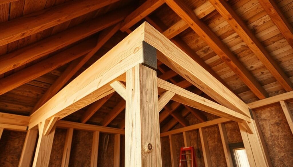 A well-lit interior construction scene featuring the installation of a sturdy ridge board, supported by temporary wooden posts positioned along the frame. The scene showcases the framing process in detail, with the ridge board securely in place and the supporting posts providing the necessary stability. The lighting is warm and natural, highlighting the texture of the wood and creating a sense of depth and dimension. The camera angle is slightly elevated, allowing for a clear view of the ridge board installation process, conveying the technical nature of the subject matter. The overall atmosphere is one of precision and craftsmanship, setting the stage for the successful construction of a strong roof frame for a rustic cabin.