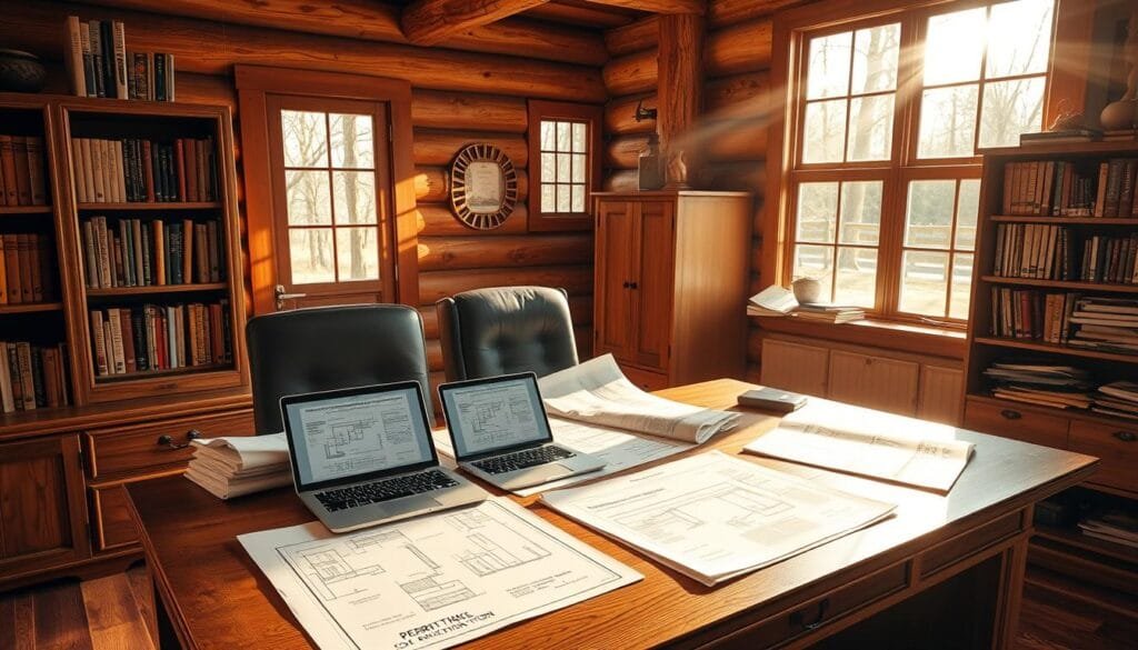 A well-lit interior of a rustic cabin office, with an expansive wooden desk displaying various architectural blueprints, construction manuals, and a laptop showcasing permit application forms. Sunlight streams through large windows, casting warm shadows across the scene. Bookcases line the walls, filled with volumes on building codes and regulations. A wooden filing cabinet stands in the corner, neatly organized with labeled folders. The overall atmosphere conveys a sense of professionalism and attention to detail in the cabin's construction process.