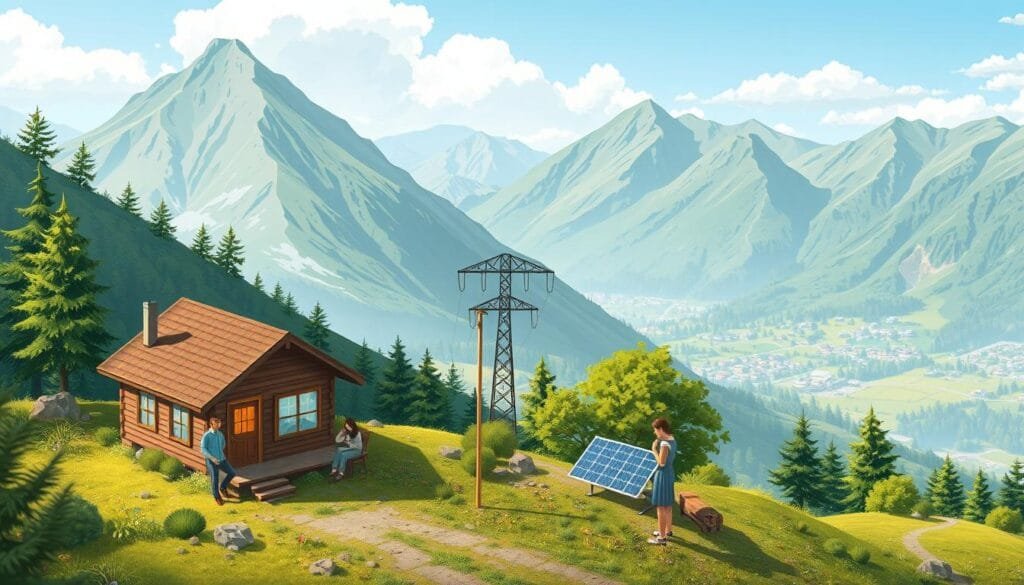 A well-lit, isometric illustration depicting the pros and cons of off-grid living. In the foreground, a cozy off-grid cabin nestled in a lush, mountainous landscape. The middle ground showcases two contrasting vignettes: on the left, a person enjoying the serenity of nature, while on the right, another person struggling with the challenges of self-sufficiency. In the background, a panoramic view of the off-grid lifestyle, highlighting both the benefits of renewable energy and the constraints of limited resources. The composition should convey a sense of balance, inviting the viewer to thoughtfully consider the tradeoffs of this alternative way of living.