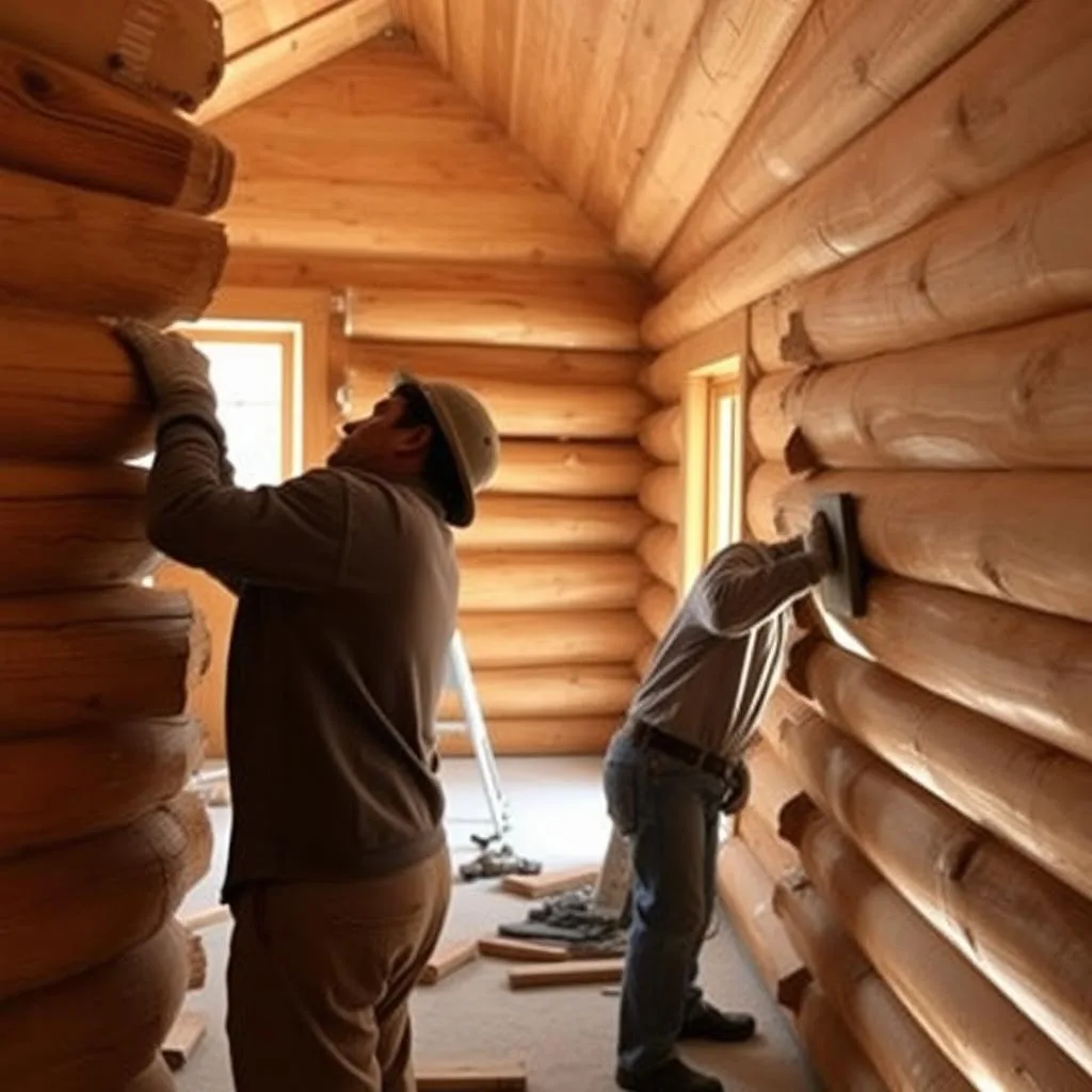 A well-lit log cabin interior, with workers meticulously preparing the wooden walls for sealing. In the foreground, a worker brushes a sealant across the rough-hewn logs, ensuring an even, protective coating. In the middle ground, another worker sands down any uneven surfaces, smoothing the texture. The background reveals the cabin's cozy atmosphere, with natural light streaming through the windows, casting a warm glow on the scene. The overall mood is one of industrious focus, as the workers strive to make the cabin walls energy-efficient and weathertight.