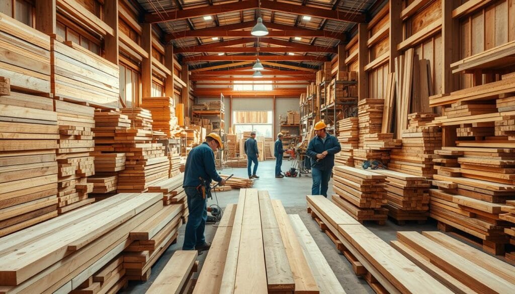 A well-lit lumber yard with a diverse selection of wooden boards, planks, and beams of various sizes and grades. The foreground features a neatly organized display of high-quality lumber suitable for constructing a sturdy roof frame, with workers carefully examining the wood grain and dimensions. In the middle ground, carpenters are measuring and cutting the lumber to precise specifications using power saws and hand tools. The background depicts the lumberyard's racks and shelves, providing a sense of the breadth of options available for roof frame construction. The lighting is warm and natural, casting a golden glow over the scene and highlighting the rich textures of the wood.