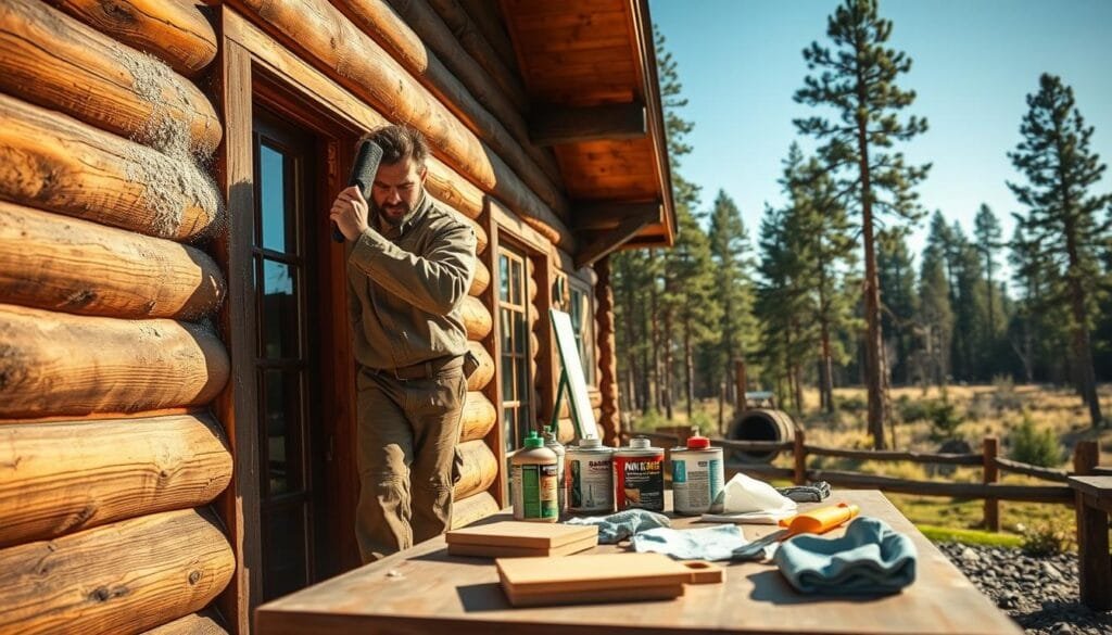 A well-lit outdoor scene of a rustic cabin's exterior. In the foreground, a person in work clothes scrubbing the wooden siding with a stiff-bristled brush, removing dirt and grime. In the middle ground, various tools and supplies such as sandpaper, sealant cans, and cleaning rags are neatly organized on a workbench. The cabin's weathered logs and planks are visible, awaiting preparation for a protective finish. The background depicts a forested landscape, with tall pine trees and a clear blue sky, creating a peaceful, natural atmosphere. Warm, directional lighting casts subtle shadows, emphasizing the texture of the wood and the person's actions. The overall scene conveys the importance of thorough surface preparation before applying a protective wood sealant to a cabin's exterior.