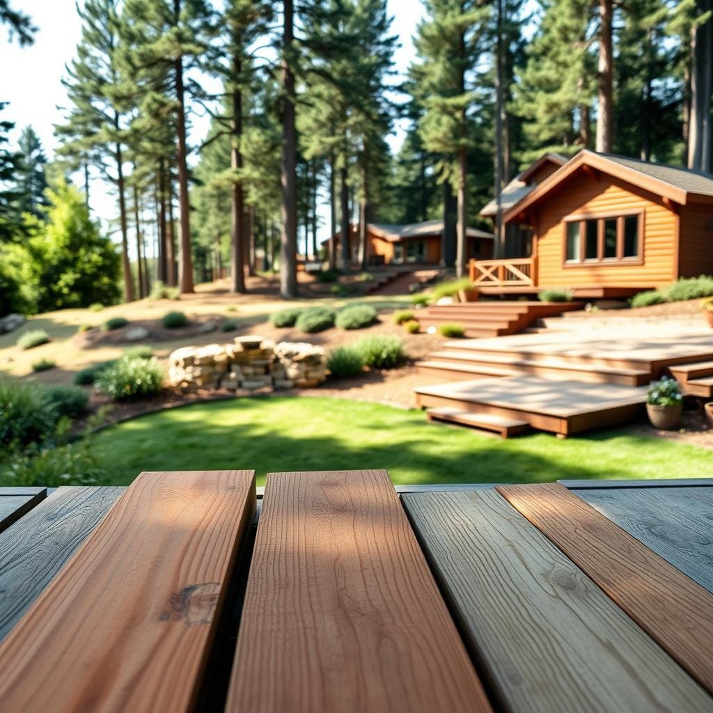 A well-lit outdoor scene showcasing a comparison of different sloped yard decking materials. In the foreground, various wood samples are arranged neatly, including pressure-treated pine, cedar, and composite decking. The middle ground features an uneven, sloping yard with lush greenery, while the background depicts a cozy cabin nestled among towering pine trees. The lighting is natural and diffused, creating soft shadows that accentuate the textures and grains of the decking materials. The camera angle is slightly elevated, providing an angled, three-quarter view to highlight the sloped terrain and the range of decking options. The overall mood is one of peaceful contemplation, inviting the viewer to imagine the perfect decking solution for a cabin on a sloped site.