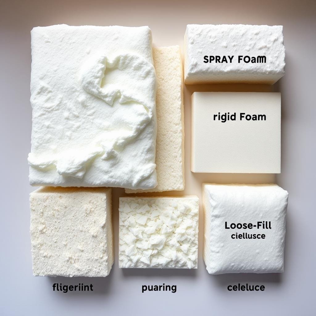 A well-lit, overhead view of a tabletop display showcasing various cabin insulation materials, including fiberglass batting, spray foam, rigid foam boards, and loose-fill cellulose. The materials are arranged neatly, allowing for a side-by-side comparison of their textures, colors, and thicknesses. The lighting is soft and natural, creating a clean, informative atmosphere. The camera angle provides a clear, unobstructed view of the insulation samples, encouraging the viewer to closely examine the details and differences between the materials. The background is a simple, neutral color, allowing the insulation samples to be the focal point of the image. A well-lit, overhead view of a tabletop display showcasing various cabin insulation materials, including fiberglass batting, spray foam, rigid foam boards, and loose-fill cellulose. The materials are arranged neatly, allowing for a side-by-side comparison of their textures, colors, and thicknesses. The lighting is soft and natural, creating a clean, informative atmosphere. The camera angle provides a clear, unobstructed view of the insulation samples, encouraging the viewer to closely examine the details and differences between the materials. The background is a simple, neutral color, allowing the insulation samples to be the focal point of the image.
