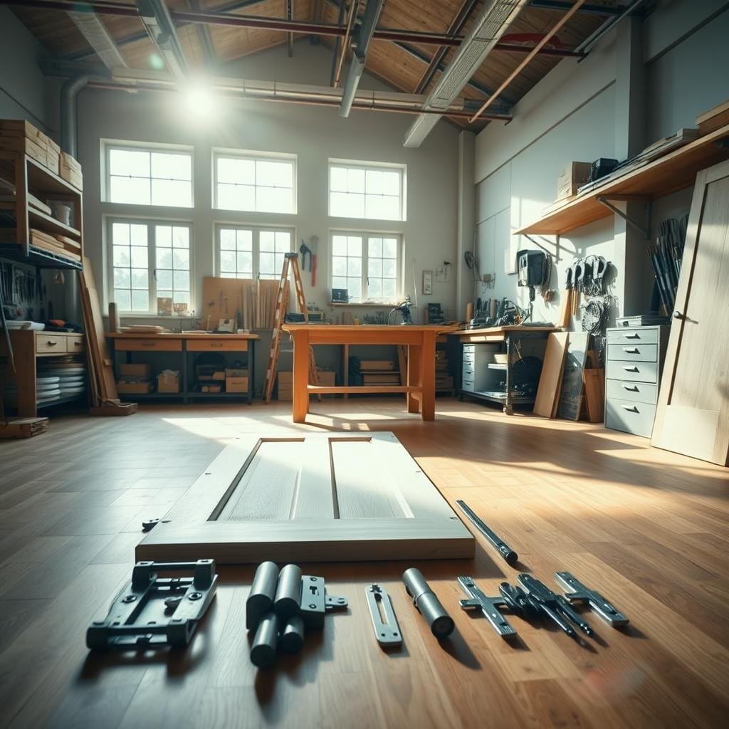 A well-lit, spacious workshop interior, with a workbench at the center, neatly arranged tools and materials on shelves. The flooring is a smooth, sturdy wood surface. Sunlight streams in through large windows, casting a warm glow over the scene. In the foreground, a set of door components, including hinges, hardware, and the door itself, are placed purposefully, ready for installation. The atmosphere exudes a sense of organized preparation and anticipation, perfectly setting the stage for a successful door-hanging project.