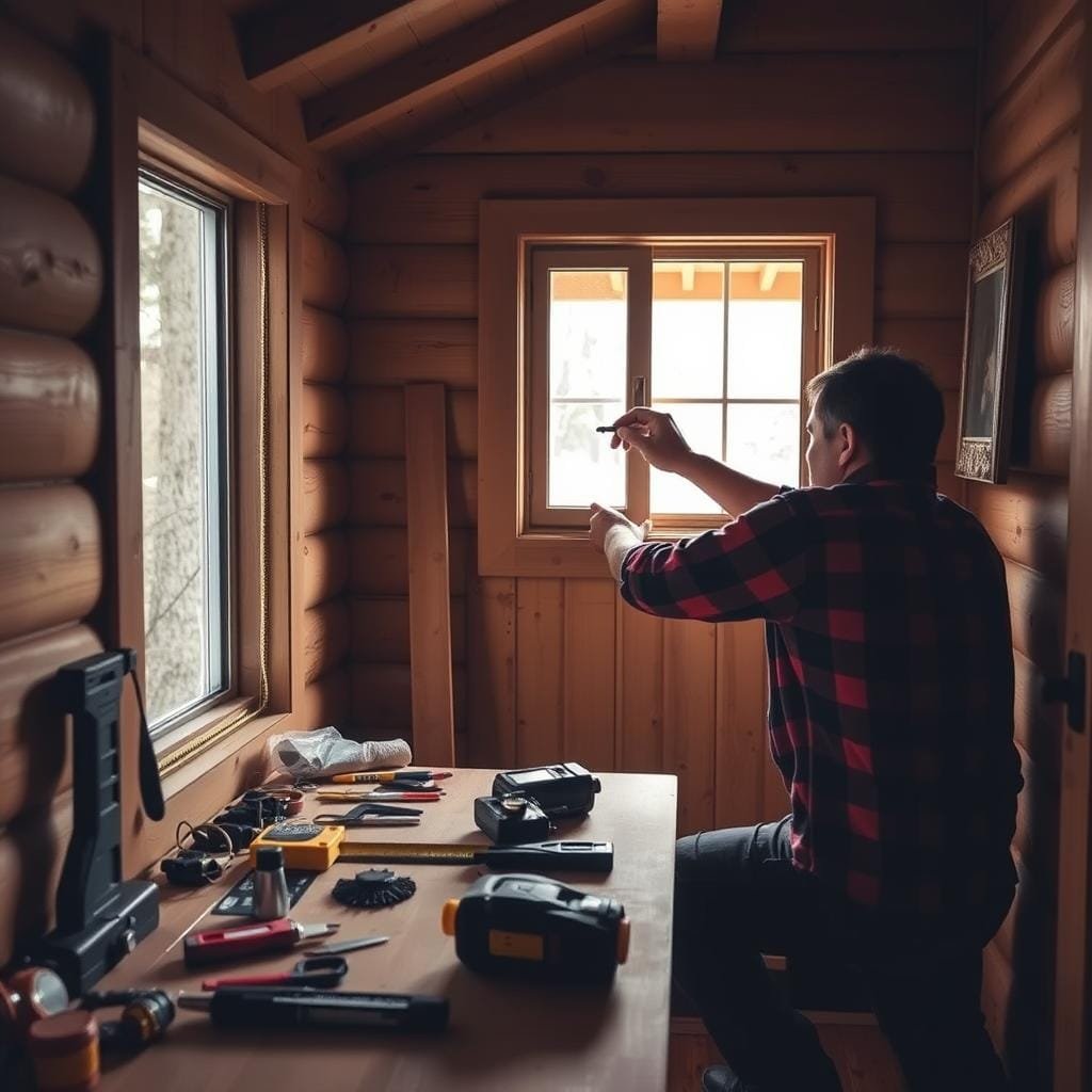 A well-lit, step-by-step window installation process in a small, rustic cabin. The foreground shows a skilled handyman carefully measuring and marking the window frame, with a variety of tools neatly arranged. The middle ground depicts the handyman methodically installing the window, sealing the gaps with caulk. The background showcases the cozy cabin interior, with natural wood paneling and a warm, inviting atmosphere. The lighting is soft and diffused, creating a serene, DIY-friendly mood. The camera angle is positioned to provide a detailed, instructional view of the installation, emphasizing the technical aspects for the viewer. A well-lit, step-by-step window installation process in a small, rustic cabin. The foreground shows a skilled handyman carefully measuring and marking the window frame, with a variety of tools neatly arranged. The middle ground depicts the handyman methodically installing the window, sealing the gaps with caulk. The background showcases the cozy cabin interior, with natural wood paneling and a warm, inviting atmosphere. The lighting is soft and diffused, creating a serene, DIY-friendly mood. The camera angle is positioned to provide a detailed, instructional view of the installation, emphasizing the technical aspects for the viewer.