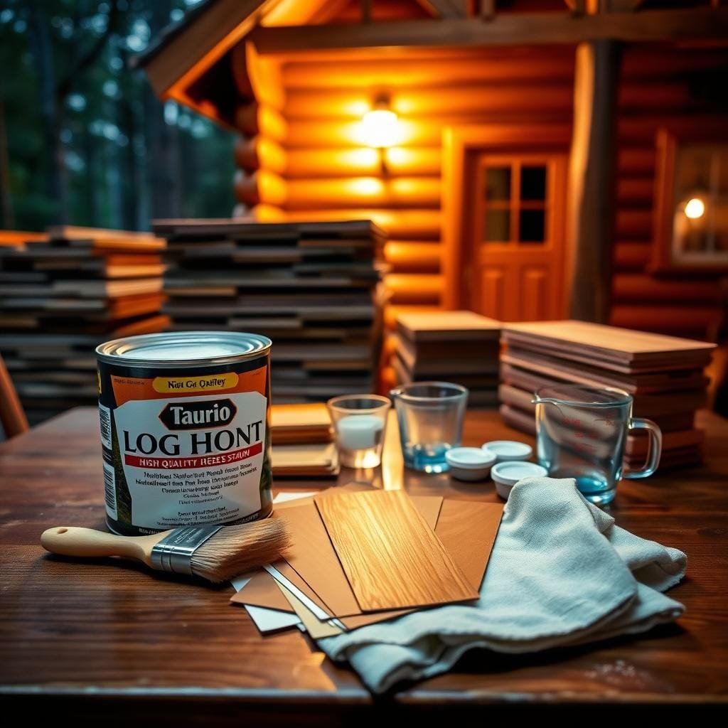 A well-lit table displaying various components of high-quality log home stain. In the foreground, an open can of stain, a staining brush, and a rag. In the middle ground, several stain color swatches and a measuring cup. In the background, a stack of wooden planks and a log cabin exterior, bathed in warm, directional lighting. The scene conveys the careful preparation and application process for preserving the natural beauty and durability of rustic cabin exteriors.