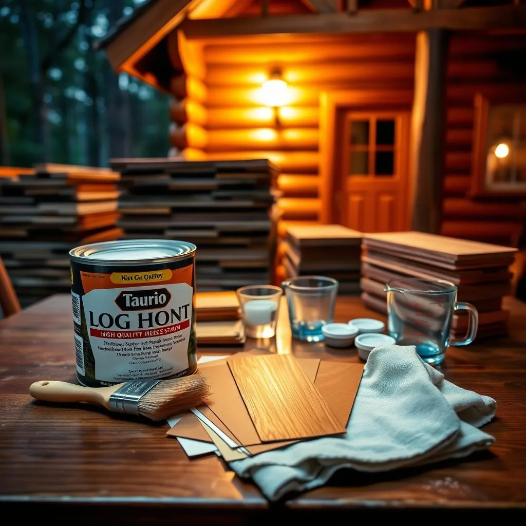 A well-lit table displaying various components of high-quality log home stain. In the foreground, an open can of stain, a staining brush, and a rag. In the middle ground, several stain color swatches and a measuring cup. In the background, a stack of wooden planks and a log cabin exterior, bathed in warm, directional lighting. The scene conveys the careful preparation and application process for preserving the natural beauty and durability of rustic cabin exteriors.