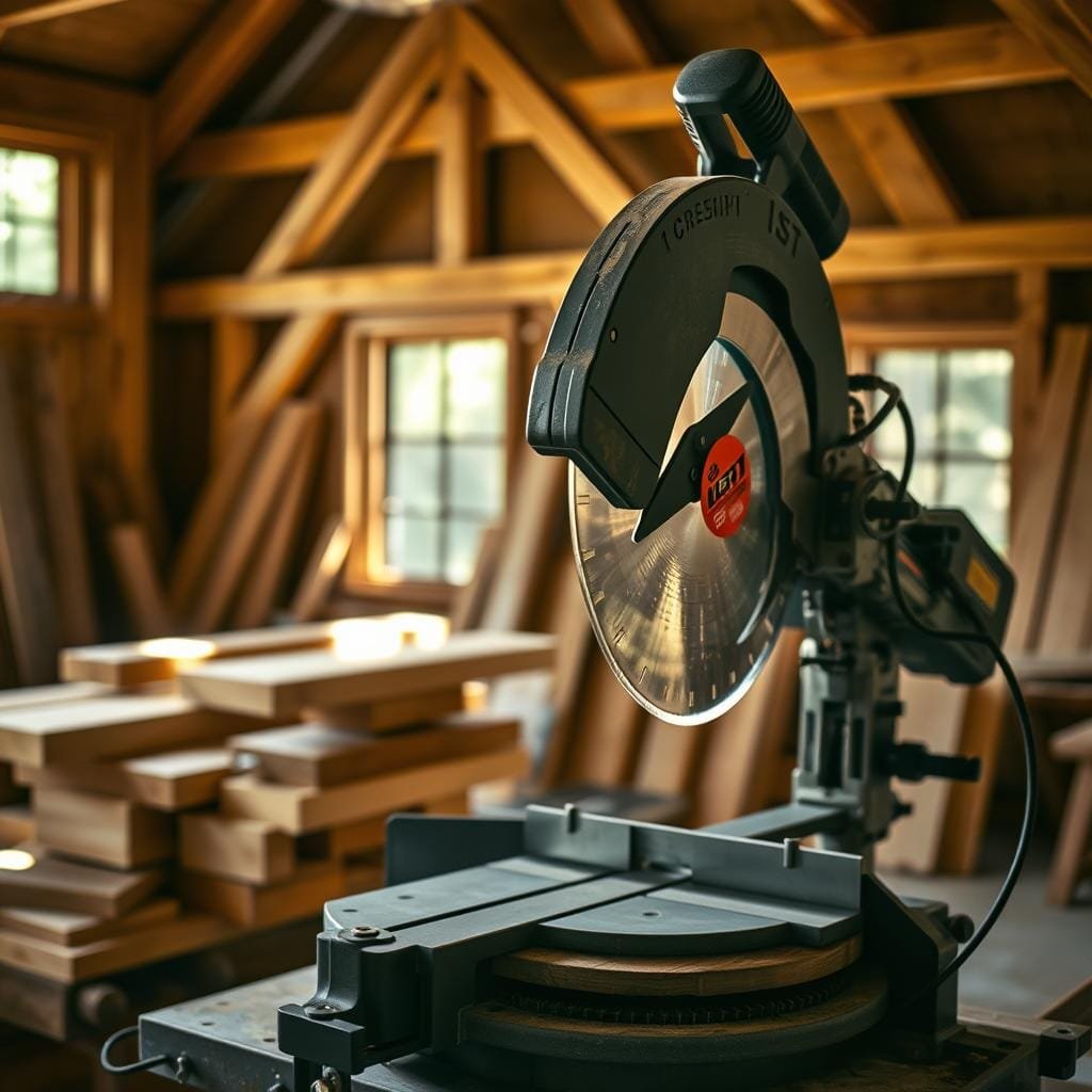 A well-lit timber frame workshop, the focus on a precision miter saw with its sharp blade poised to make a clean angled cut. Meticulously crafted wooden beams and trim pieces rest nearby, awaiting their transformation. The saw's sturdy construction and ergonomic design convey its purpose - to enable intricate, accurate joinery for a cabin's elegant framework. Warm, natural light filters in, casting soft shadows that accentuate the tool's mechanical details. This image captures the essence of the miter saw's role in achieving the perfect fit and finish required for high-quality timber frame construction.
