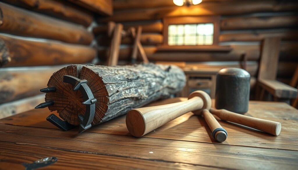 A well-lit wooden table showcases an array of rugged, specialized tools essential for log cabin construction. In the foreground, a sturdy log dog with sharp steel teeth grips a hefty log, ready to hold it firmly in place. Nearby, a traditional peavey with a long wooden handle and a metal pike nestles between a mallet with a heavy, sanded head and a wooden mallet with a smooth, rounded surface. The middle ground reveals a cozy, rustic cabin backdrop, its weathered logs and warm lighting setting the scene for these indispensable hand tools. The overall composition conveys the skilled craftsmanship and meticulous attention to detail required in log cabin building.