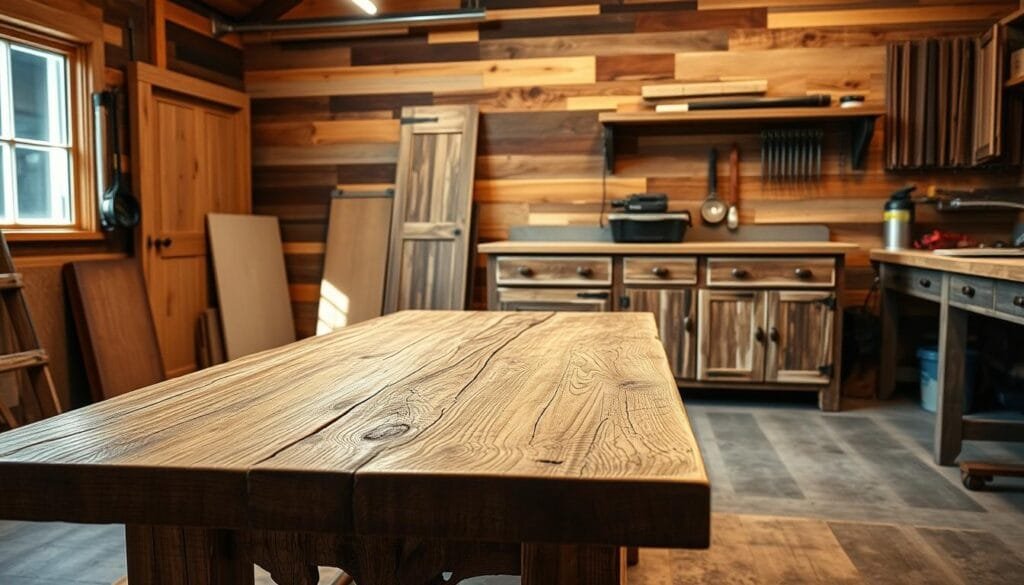 A well-lit workshop interior showcasing the functional advantages of reclaimed wood. In the foreground, a sturdy table crafted from weathered, knotty planks, its rugged character accentuated by warm lighting. In the middle ground, a sleek cabinet with rustic, distressed doors, its drawers offering ample storage. The background features a wall paneled with varied tones and textures of reclaimed wood, creating a visually striking and durable surface. The overall atmosphere conveys the practical, long-lasting qualities of reclaimed timber, suitable for a range of functional and decorative applications in a cabin setting.