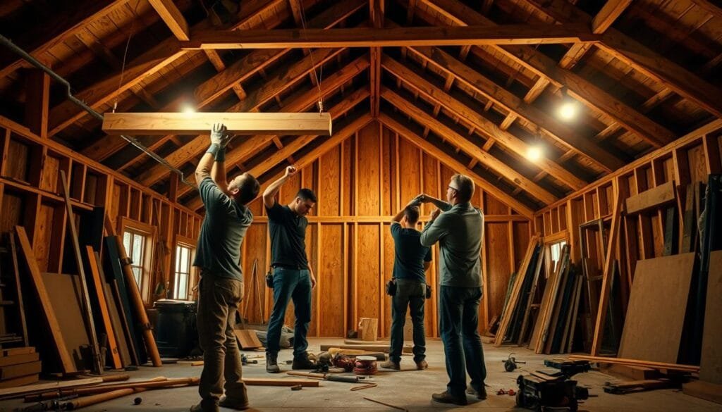 A well-lit workshop interior, the floor strewn with tools and construction materials. In the foreground, two workers carefully raising a wooden rafter, their faces set in intense concentration as they maneuver the heavy beam into position. In the middle ground, another pair of workers secure the rafter with sturdy nails, their movements precise and efficient. Behind them, the partially-framed roof structure takes shape, casting long shadows across the scene. The warm glow of incandescent lighting illuminates the space, creating a sense of focused activity and skilled craftsmanship. The overall mood is one of methodical progress, as the team works in harmony to construct the robust roof frame for a rustic cabin.