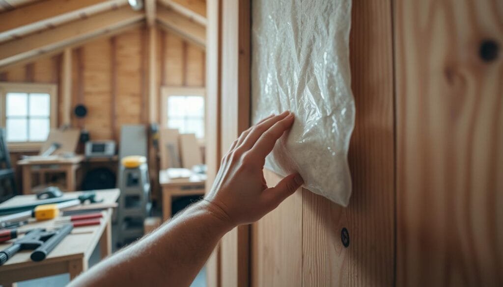 A well-lit workshop interior with a focused close-up view of a person's hands carefully installing mass loaded vinyl sound insulation onto a wooden cabin wall. The background shows various construction tools and materials neatly organized on workbenches. Soft, indirect lighting creates subtle shadows that emphasize the texture and precision of the installation process. The overall mood is one of thoughtful, methodical work towards achieving superior acoustic isolation for the cabin's interior.