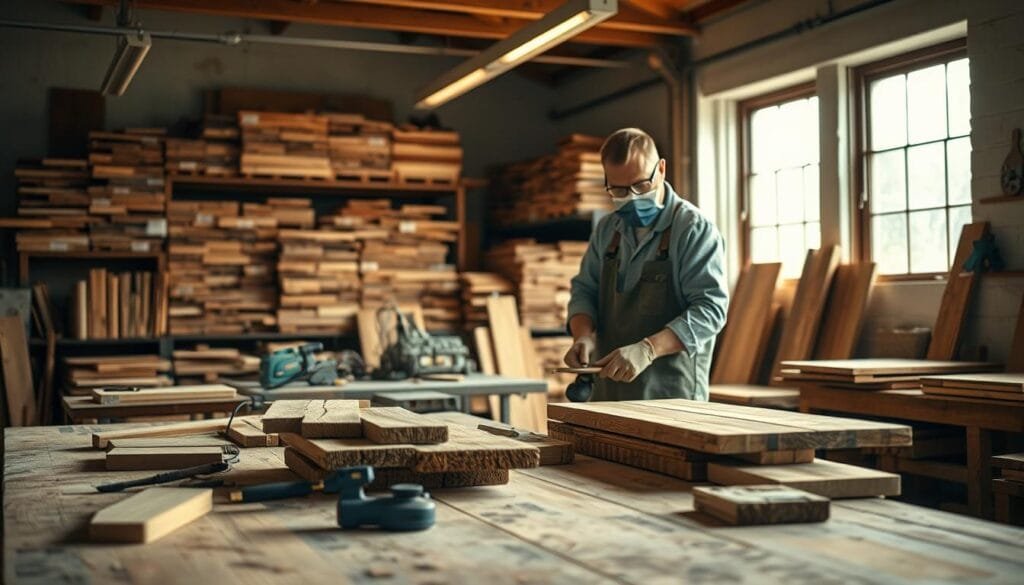 A well-lit workshop interior with a foreground focus on a workbench covered in various reclaimed wood materials and tools. The middle ground shows a worker wearing appropriate personal protective equipment (PPE) such as safety goggles, gloves, and a dust mask, demonstrating the proper techniques for preparing the reclaimed wood, such as sanding, planing, or cutting. In the background, shelves or racks display neatly organized and labeled reclaimed wood pieces, conveying a sense of care and attention to safety. Warm, natural lighting illuminates the scene, creating an atmosphere of diligence and caution in the handling of reclaimed materials.