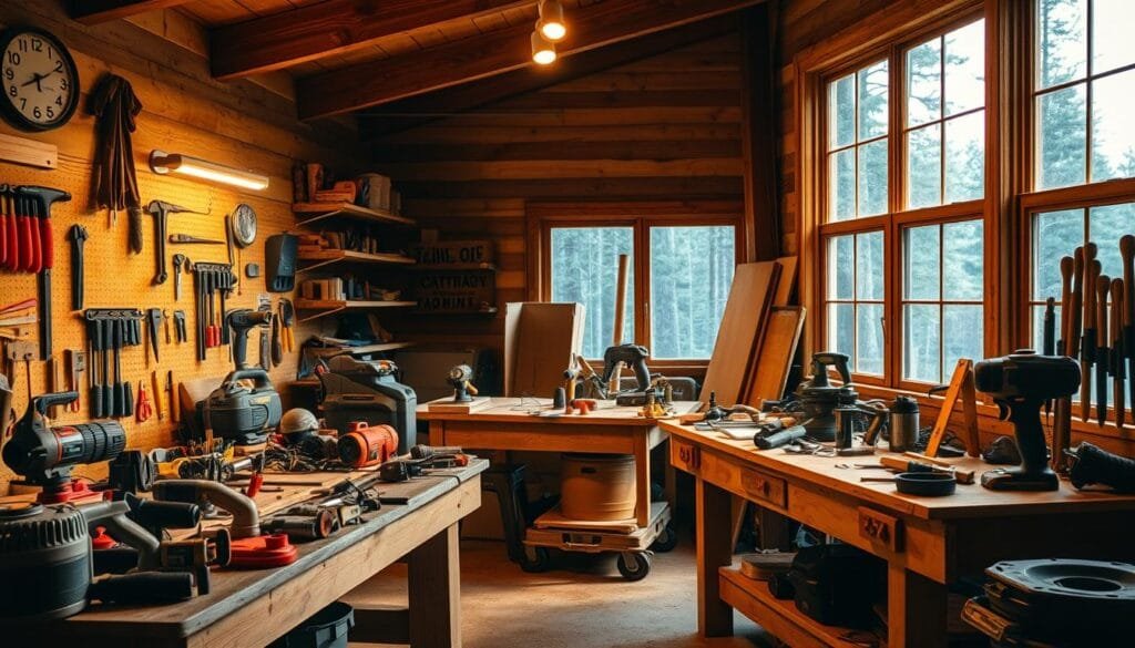 A well-lit workshop interior with an assortment of power tools, hand tools, and other project frequency equipment neatly arranged on sturdy wooden workbenches. The lighting is warm and inviting, casting soft shadows that highlight the textures and details of the tools. The background features a rustic cabin-style setting, with exposed wooden beams and a large window overlooking a picturesque forest landscape. The overall atmosphere conveys a sense of focused productivity and craftsmanship, reflecting the skills and resources needed to tackle a cabin-building project.