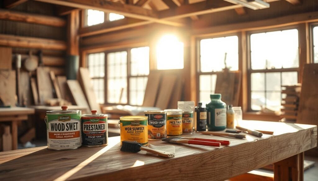 A well-lit workshop interior, wooden workbench in the foreground, various wood treatment products neatly arranged - cans of wood preservative, stain, brushes, and rags. Sunlight streams in through large windows, casting a warm glow on the scene. A sense of careful preparation and attention to detail in the application of these finishing treatments. The viewer can almost smell the earthy, aromatic scents of the wood and chemicals. Precise, methodical, and focused, this image captures the essence of the preservation and finishing process for cabin logs.