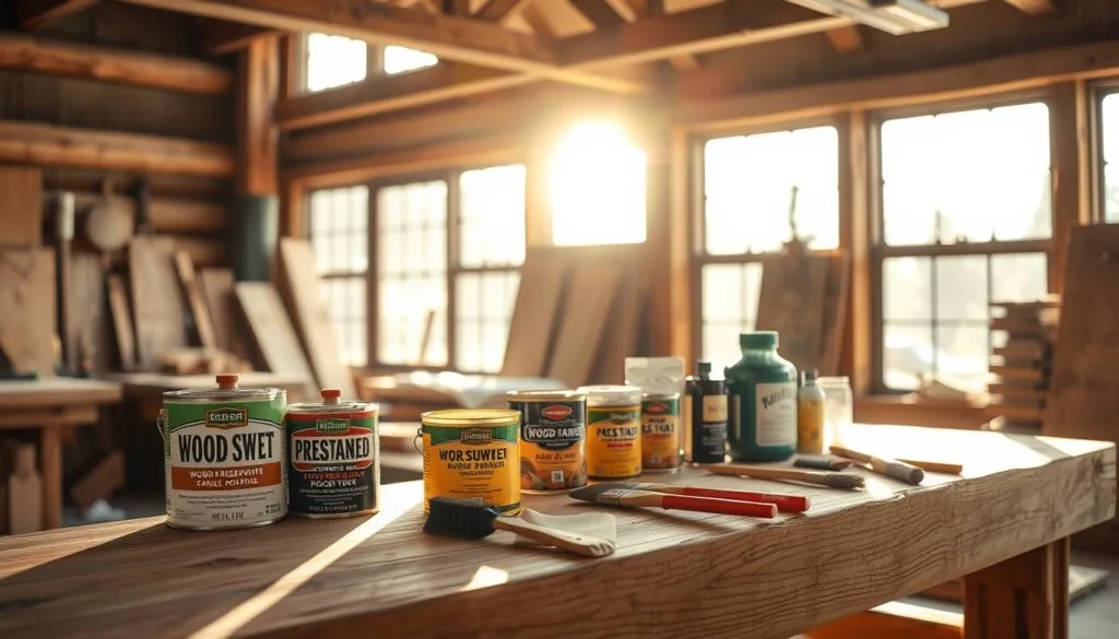 A well-lit workshop interior, wooden workbench in the foreground, various wood treatment products neatly arranged - cans of wood preservative, stain, brushes, and rags. Sunlight streams in through large windows, casting a warm glow on the scene. A sense of careful preparation and attention to detail in the application of these finishing treatments. The viewer can almost smell the earthy, aromatic scents of the wood and chemicals. Precise, methodical, and focused, this image captures the essence of the preservation and finishing process for cabin logs.