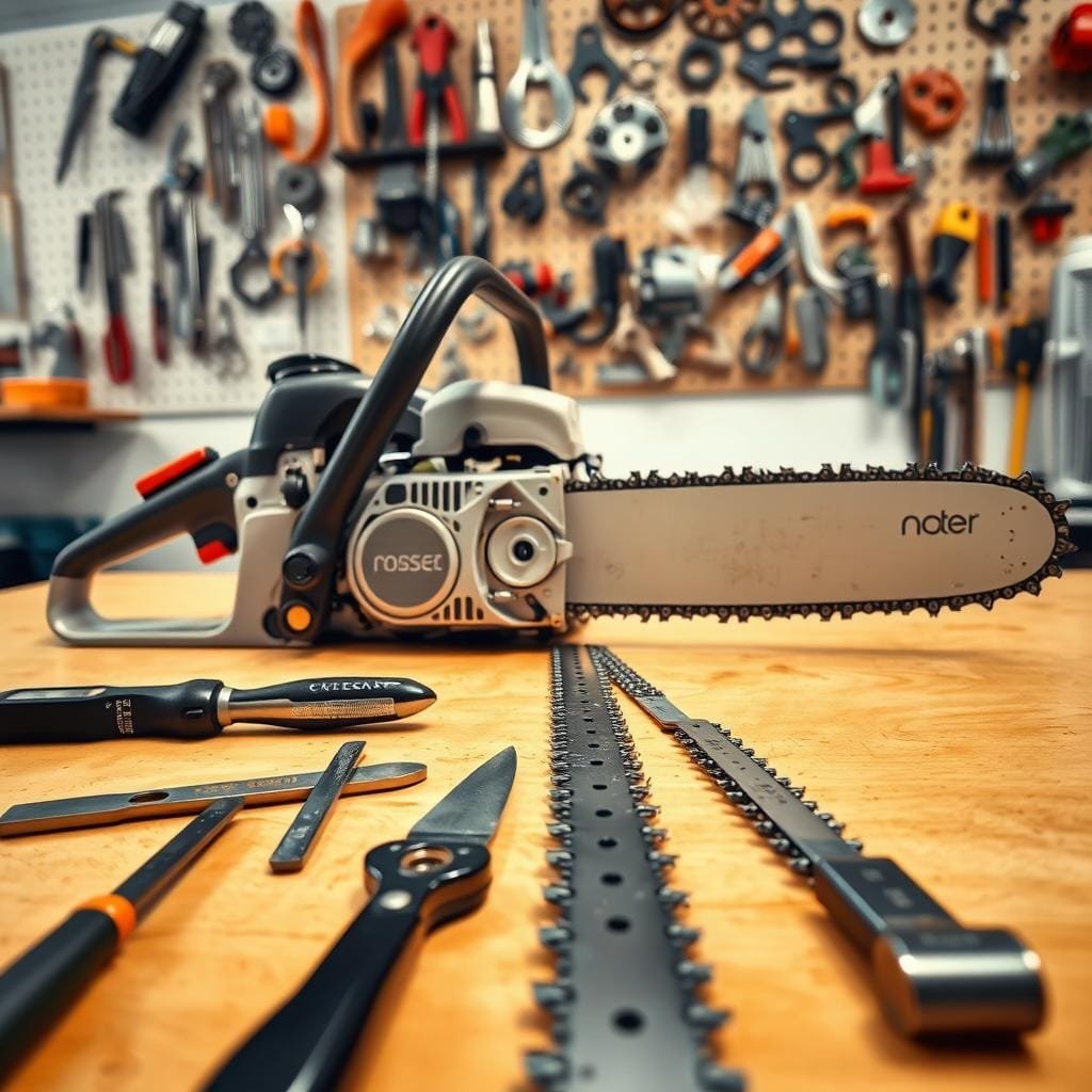 A well-lit workshop table, the focus centered on a chainsaw with its engine cover removed, revealing the internal mechanism. In the foreground, a selection of tools - a file, a depth gauge, and a chain tensioner - lie neatly arranged, ready for the meticulous process of chain sharpening. The middle ground showcases the chain itself, its teeth glistening under the warm lighting, inviting the viewer to examine its precise alignment and sharpness. In the background, a pegboard displays a variety of spare parts and accessories, hinting at the comprehensive nature of chainsaw maintenance. The overall mood is one of focused diligence, highlighting the importance of proper care and attention to detail for optimal cutting performance.
