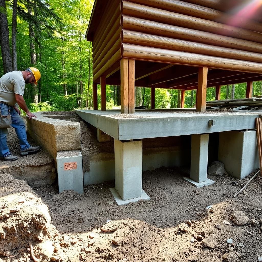 A well-maintained cabin foundation, illuminated by natural light filtering through the surrounding trees. In the foreground, a worker carefully examines the concrete footings, assessing their integrity and identifying any potential issues. The midground showcases the intricate network of support beams and piers, each strategically placed to provide a solid, level foundation. In the background, a lush forest backdrop sets the scene, conveying a sense of tranquility and harmony between the cabin and its natural environment. The image emphasizes the importance of thorough foundation inspection and timely maintenance to ensure the longevity and stability of the cabin structure.