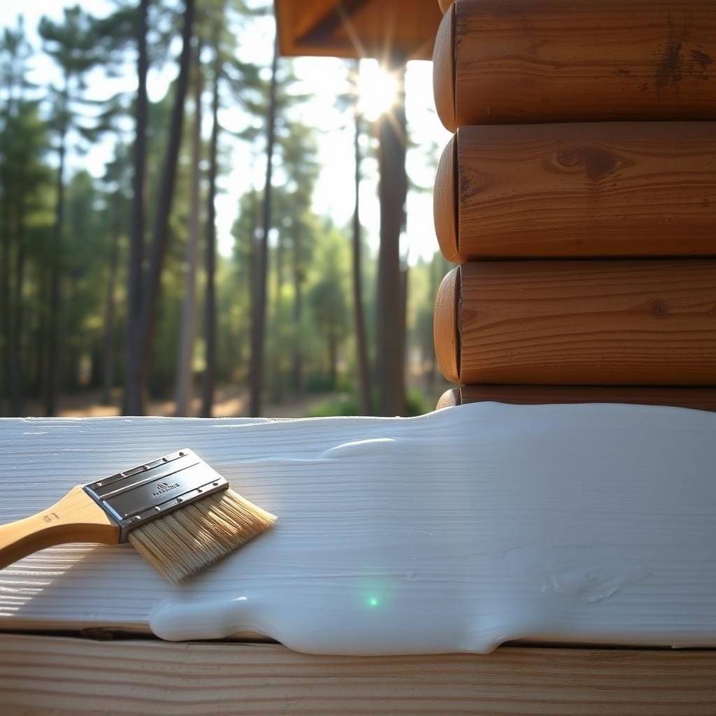 A well-maintained cabin wall, the wood protected by a high-quality sealant. In the foreground, a brush carefully applying a clear, glossy coat, the sunlight glistening off the surface. In the middle ground, a weathered but sturdy wooden plank, its grain visible through the sealant, shielding the cabin from the elements. The background reveals a peaceful forest, tall trees swaying gently in a soft breeze, creating a serene and tranquil atmosphere. The scene conveys a sense of diligence and care, emphasizing the importance of proactive wood protection strategies for the longevity of the cabin's walls.