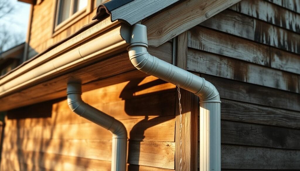 A well-maintained gutter system channeling rainwater away from a weathered, wooden house. The gutters are clean and securely attached, their downspouts directing water far from the home's foundation. Afternoon sunlight casts warm shadows across the wooden siding, highlighting its natural grain and weathered patina. The scene conveys a sense of meticulous care and attention to preserving the structural integrity of the home's exterior. A wide-angle lens captures the entire façade, emphasizing the importance of this often-overlooked aspect of wood protection.