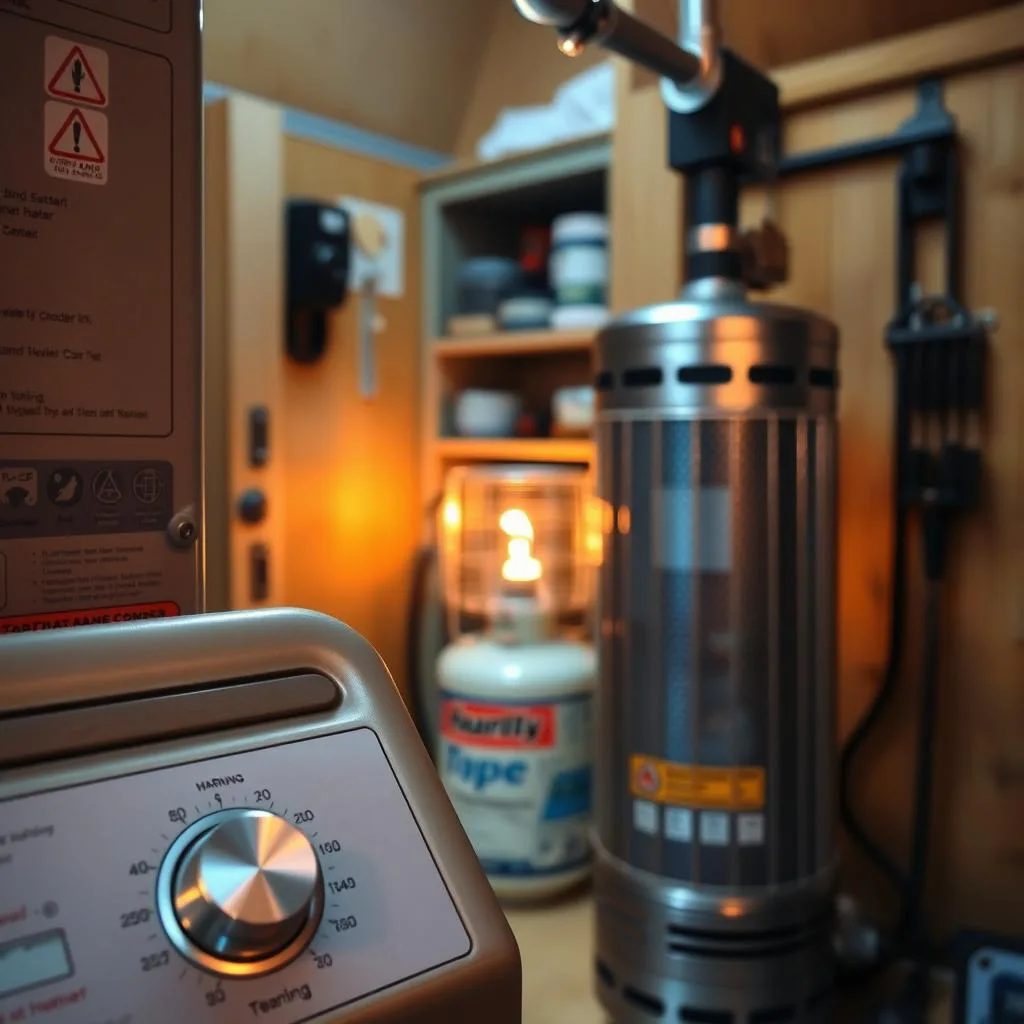 A well-maintained heating system in a cozy off-grid cabin, with a focus on safety. In the foreground, a thermostatic control panel with clear instructions and warning labels. In the middle ground, a sturdy propane heater with a protective metal casing, its pilot light glowing steadily. The background reveals a meticulously organized utility closet, shelves neatly stocked with spare parts and maintenance tools. Soft, warm lighting illuminates the scene, conveying a sense of reliability and attention to detail. The overall atmosphere is one of reassurance, where the cabin's occupants can rest easy, confident that their alternative heating solution is both efficient and secure.