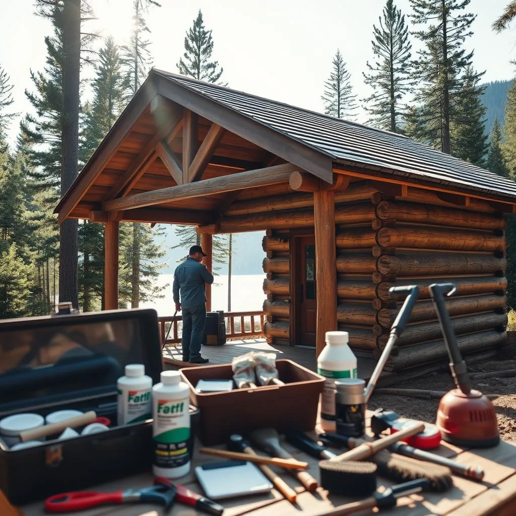 A well-maintained log cabin nestled in a picturesque forest, sunlight filtering through the trees. In the foreground, a person inspects the roof, checking for signs of wear and ensuring proper waterproofing. The middle ground features a toolbox and various materials used for cabin maintenance, like sealants, brushes, and pressure washers. In the background, a serene landscape with mountains and a tranquil lake, conveying the importance of long-term stewardship of this rustic dwelling. The scene is captured with a wide-angle lens, emphasizing the cabin's integration with the natural surroundings, and lit by soft, natural lighting to evoke a sense of timelessness and care.