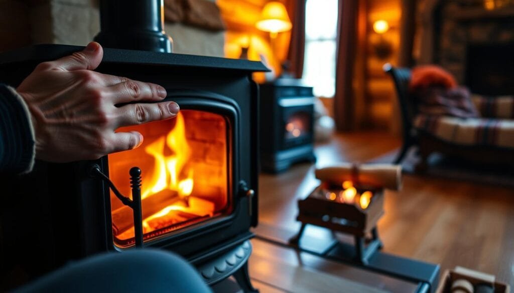 A well-maintained wood stove operation, with a skilled operator meticulously controlling the air intake and fuel load for maximum efficiency. In the foreground, a pair of hands precisely adjusting the stove's dampers, managing the delicate balance of airflow. In the middle ground, the stove's interior glows with a controlled, steady flame, radiating warmth. In the background, a cozy cabin interior, with the stove's reflective surface casting a gentle glow on the surrounding decor. Soft, warm lighting illuminates the scene, creating an atmosphere of comfort and efficiency. A perfect image to illustrate the article's section on optimizing wood stove operation for a comfortable, energy-efficient cabin experience.